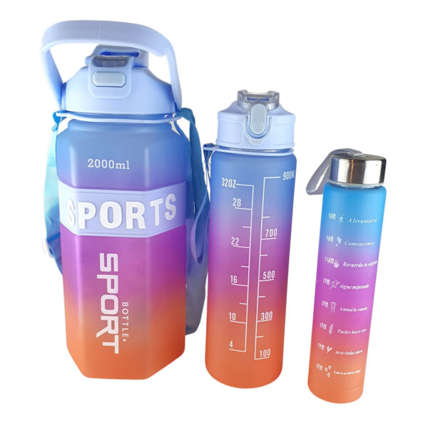 Kit Garrafa de Água Squeeze Sports com Alça Azul Roxo Laranja 3 peças - Image 2