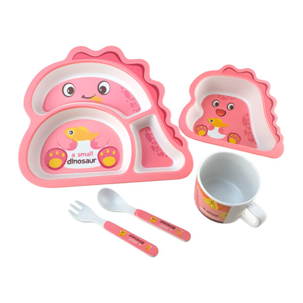 Kit Infantil Refeição Dinossauro Fibra de Bambu Rosa 5 peças - Image 6