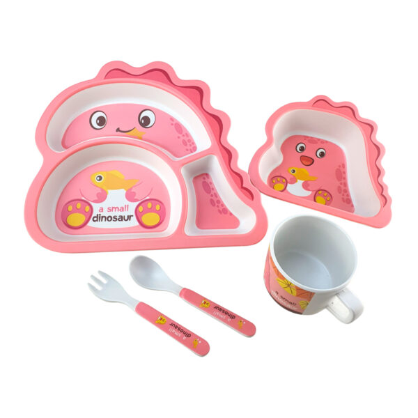 Kit Infantil Refeição Dinossauro Fibra de Bambu Rosa 5 peças