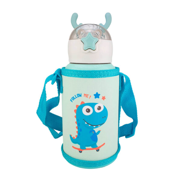 Garrafa Isotérmica com Termometro Infantil Inox 500ml + Capa Dinossauro