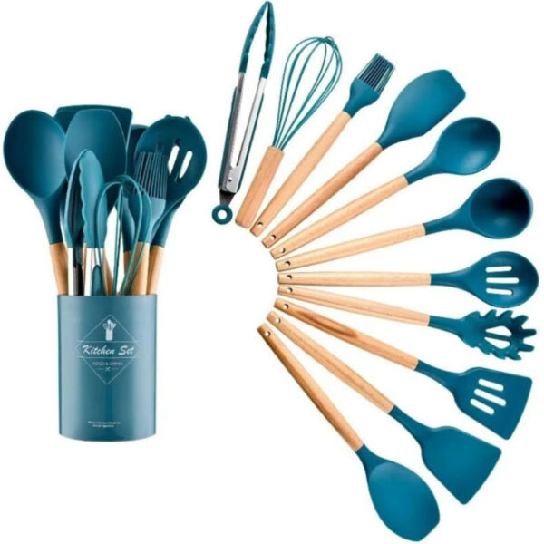 Kit Utensílios de Cozinha de Silicone com Suporte Azul 12 peças