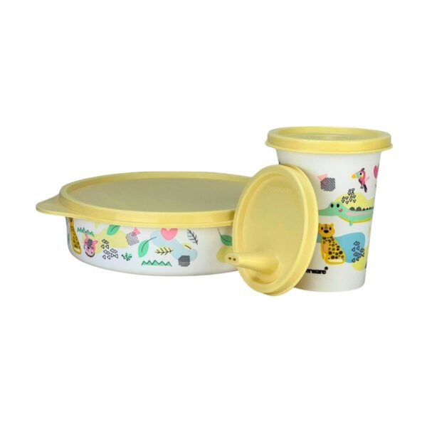 Kit Tupperware Copo com Bico 200ml + Pratinho Mini Floresta 500ml Amarelo