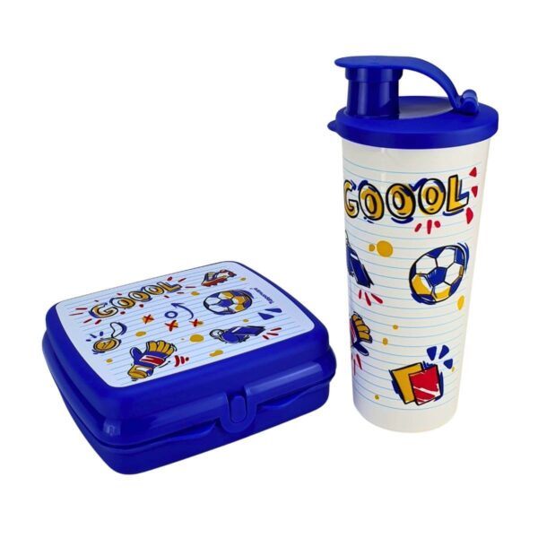 Kit Tupperware Copo com Bico 470ml + Porta Sanduíche Futebol Azul 2 peças