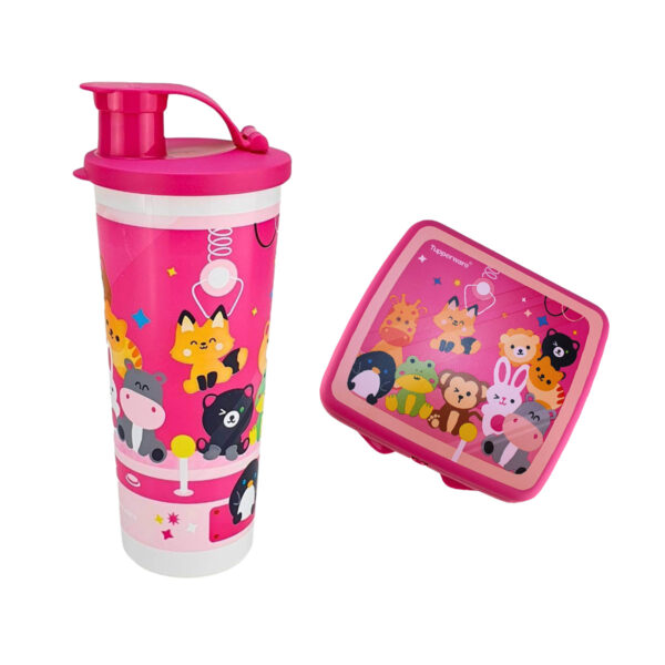 Kit Tupperware Copo com Bico 470ml + Porta Sanduíche Pelúcia Rosa 2 peças